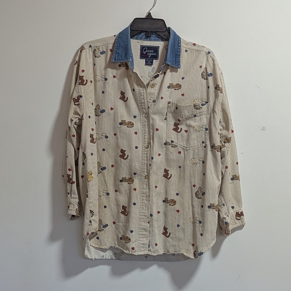 Vintage Cat Print Button Up